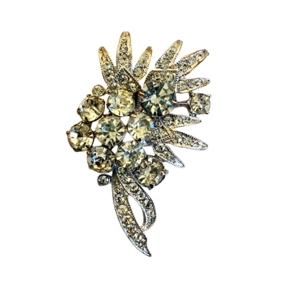 Vintage EISENBERG® Rhinestone Silver Tone Leafy Brooch
